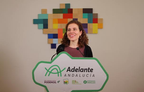 La portavoz de Igualdad y Políticas Sociales de Adelante Andalucía, Ana Villaverde, en rueda de prensa.
