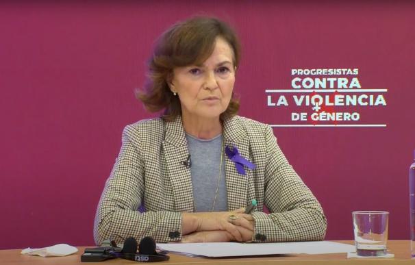 La vicepresidenta del Gobierno, Carmen Calvo, durante su intervención en el acto 'Progresistas contra la violencia de género'