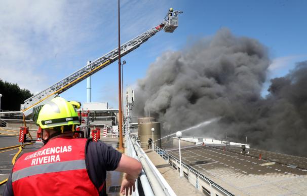 Numerosos efectivos de bomberos trabajan para sofocar un incendio en la fábrica conservera Jealsa.