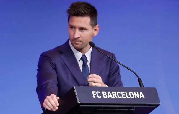 El delantero argentino Lionel Messi, durante su comparecencia este domingo en el Camp Nou para explicar su versión sobre su marcha del conjunto azulgrana.