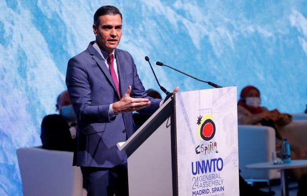 El presidente del Gobierno, Pedro Sánchez, interviene en la 24ª Asamblea General de la Organización Mundial del Turismo, este jueves, en Madrid.
