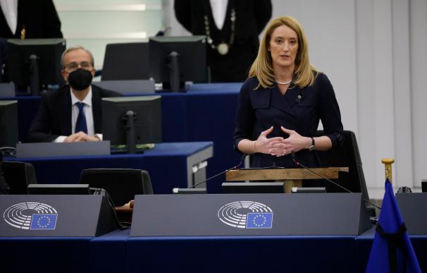17 January 2022, France, Strasbourg: Current President of the European Parliament, Roberta Metsola delivers a speech during a tribute to the late President of the European Parliament, David Sassoli, at the European Parliament in Strasbourg. Photo: Philipp Von Ditfurth/dpa 17/1/2022 ONLY FOR USE IN SPAIN