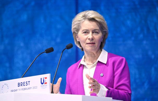 HANDOUT - 11 February 2022, France, Brest: European Commission President Ursula von der Leyen speaks during the One Ocean Summit. Photo: Christophe Licoppe/European Commission /dpa - ATTENTION: editorial use only and only if the credit mentioned above is referenced in full Christophe Licoppe/European Comm / DPA 11/2/2022 ONLY FOR USE IN SPAIN