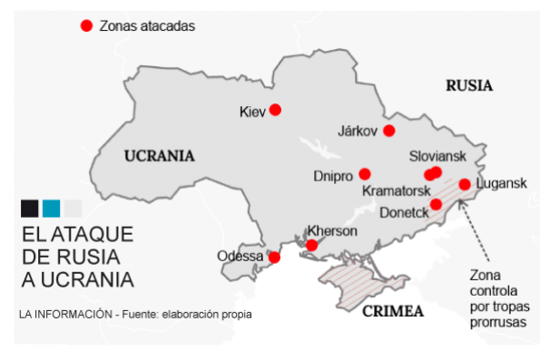 Mapa del ataque de Rusia a Ucrania.