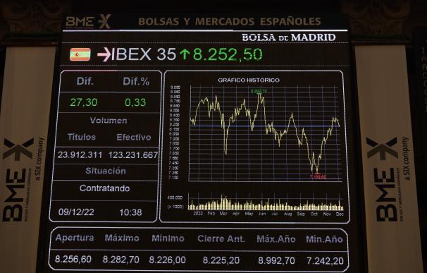 Un panel del Ibex 35 en el Palacio de la Bolsa de Madrid.
