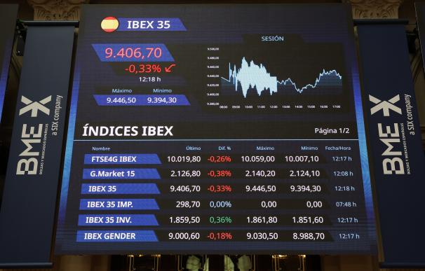 Un panel del Ibex 35 en el Palacio de la Bolsa el martes 18 de julio.