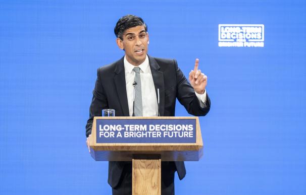 04 October 2023, United Kingdom, Manchester: UK Prime Minister Rishi Sunak delivers his keynote speech at the Conservative Party annual conference at Manchester Central convention complex. Photo: Danny Lawson/PA Wire/dpa 04/10/2023 ONLY FOR USE IN SPAIN