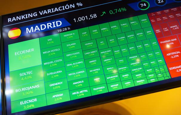 Panel de valores en la Bolsa de Madrid.