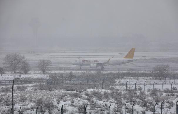 Un avión de la compañía Flypgs en el Aeropuerto de Madrid-Barajas Adolfo Suárez, en Madrid (España), a 8 de enero de 2021.