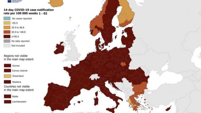 Mapa de incidencia acumulada de la Comisión Europea