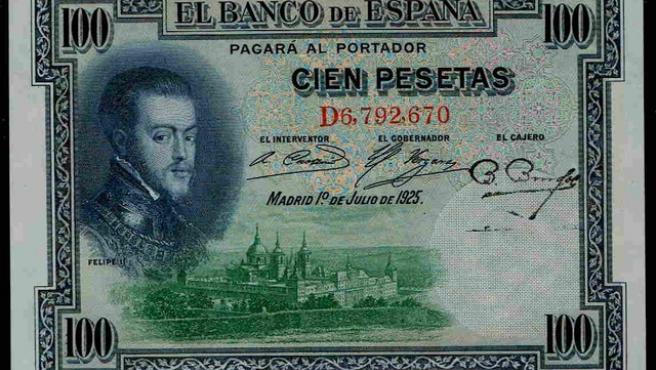 Fotografía del billete de 100 pesetas de 1925.
