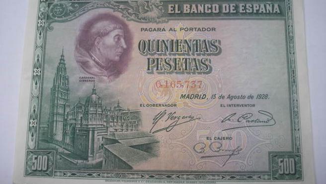 Fotografía del billete de 500 pesetas de 943 con la imagen del Cardenal Cisneros.