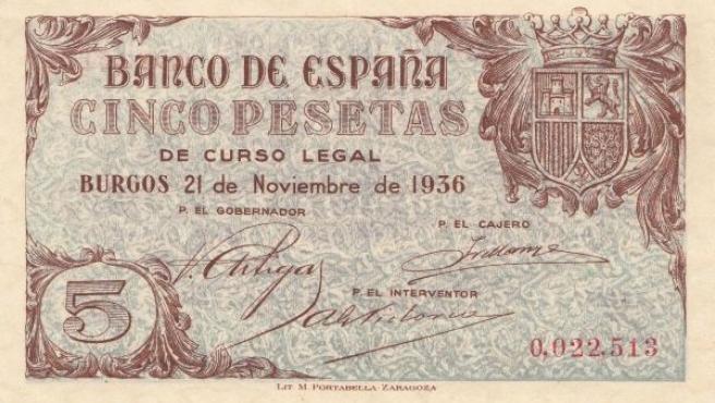 El billete de 5 pesetas de Burgos de 1936.