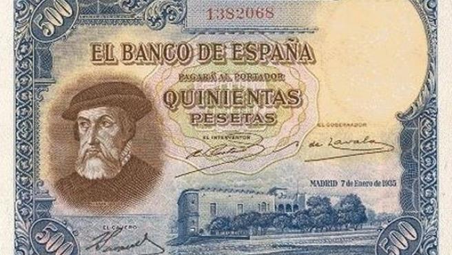 El billete de 500 pesetas de 1935 con Hernán Cortés.