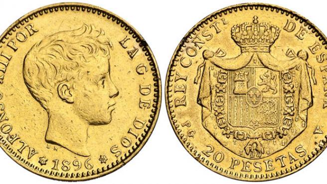 La moneda de 20 pesetas de Alfonso XIII (1896).