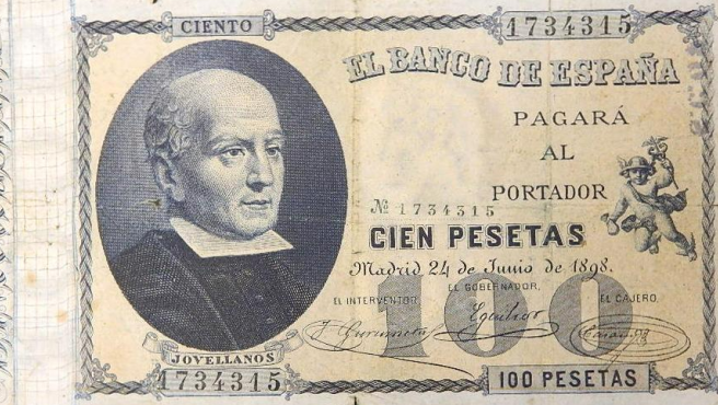 El billete de 100 pesetas de 1898 con el busto de Jovellanos.