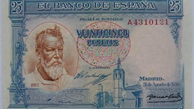 El billete de 25 pesetas de 1936 con el busto de Joaquín Sorolla.