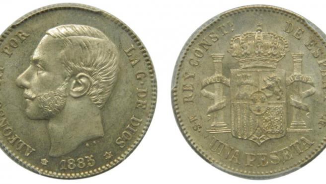 Moneda de una 1 peseta de 1885.