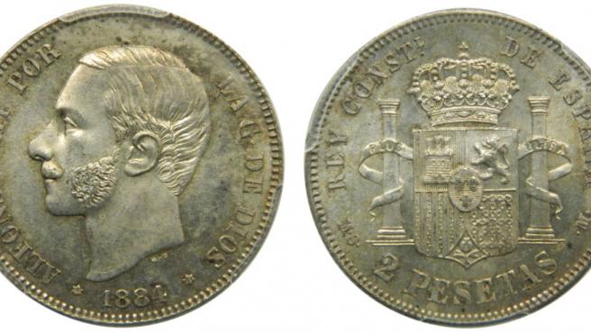 Una moneda de 1 Peseta de 1884.