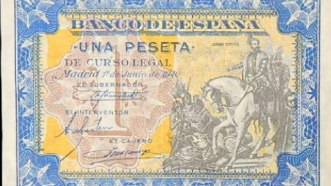 Un billete de pesetas con la figura de Hernán Cortés.