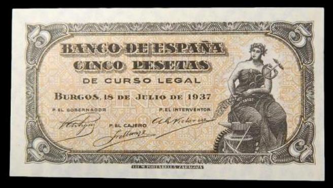 Billete muy raro de 5 pesetas acuñado en Burgos con la figura de Portabella.