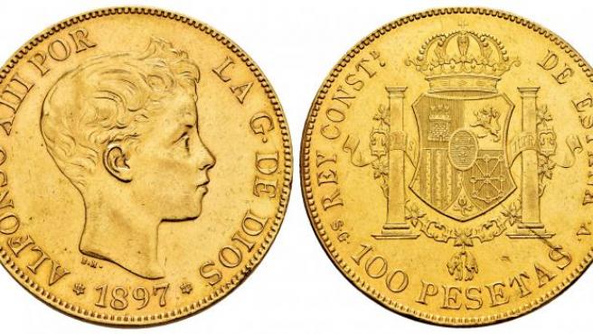 Moneda de 100 pesetas de 1897.