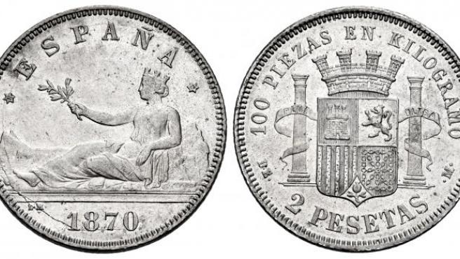 Moneda de 2 pesetas de 1870.