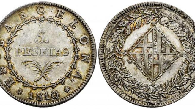Moneda de 5 pesetas de 1810.