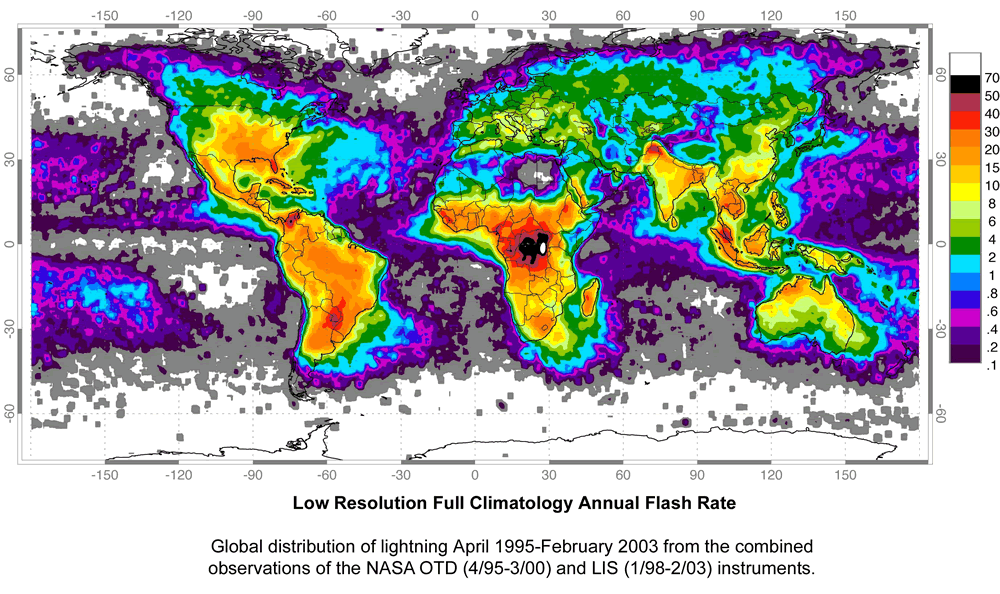 Distribución global de rayos en tormentas (NASA)